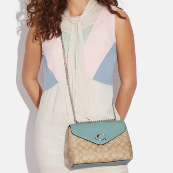 Coach Tammie Shoulder Bag In Signature Canvas Light Khaki / Light Teal - Picture 4 of 16